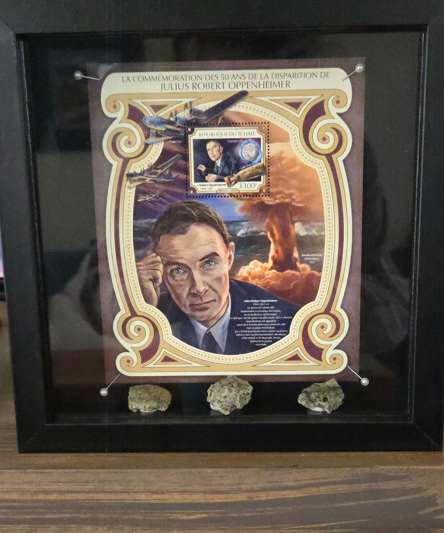 Commerative Stamp Shadow Box with three types of Trinitite